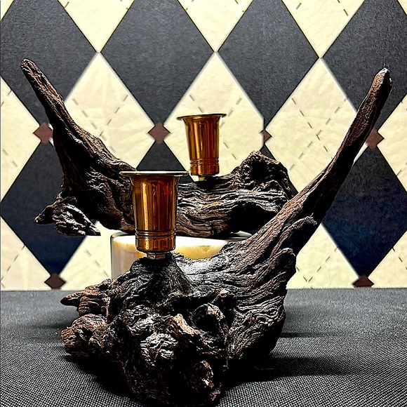 Curated Luxury Other - Vintage Driftwood Candle Holders – Rustic Wood with Shiny Bronze Accents
